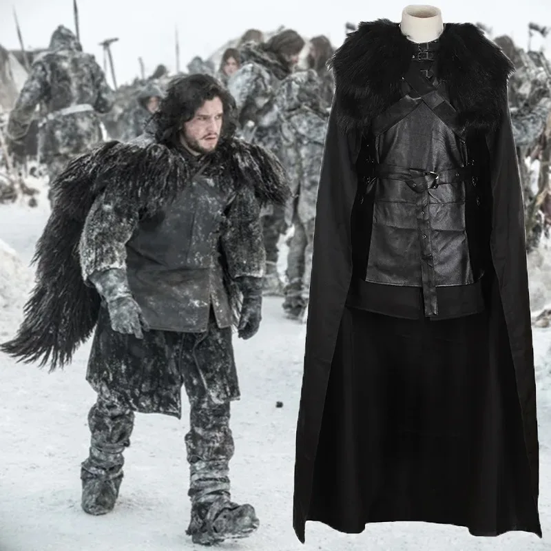

Men TV John Snow Cosplay Halloween Costumes Cool Black Leather Inner and Long Cloak Set for Adults Party Carnival Role Play