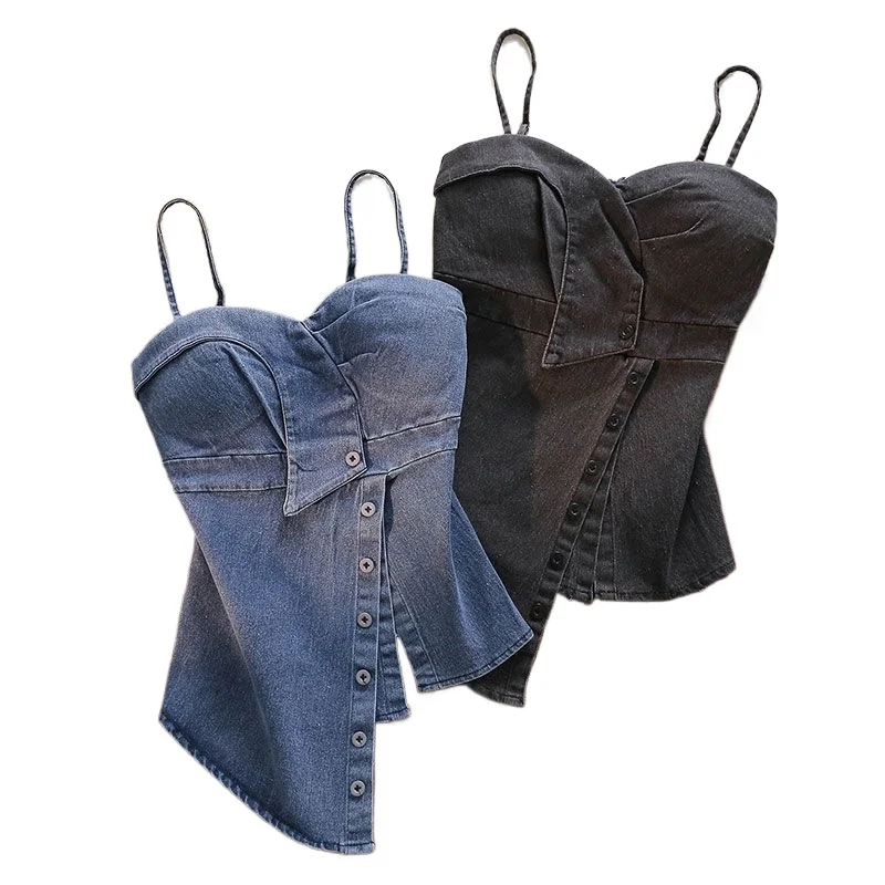 

Pure Desire Sexy Denim Sling Vest Women's Summer Wear with Chest Pad Asymmetrical Thin Waist Short Chest Wrap Top Age Reduction