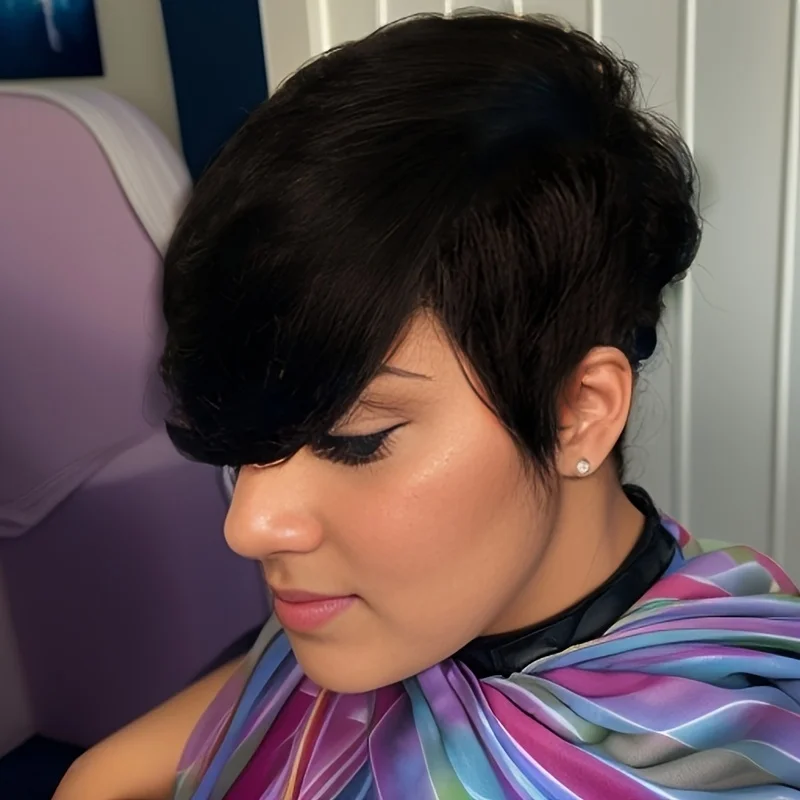 짧은 인모 가발 픽시 컷 웨이브 가발 여성용 레이어드 풀 머신 제작 가발