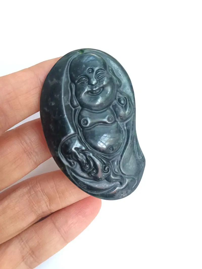 Nature Black Jade Mascot Pendant Happy Buddha Amulet Lucky Bless Wealth And Peace