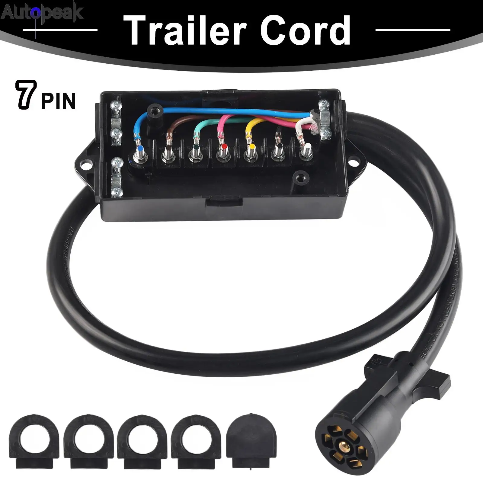 4FT 7 Way Plug Trailer Cord 7-Pole 7 Pin Inline Junction Box Wiring Harness Kit Camper Truck Weather Proof RV Light Plug Socket