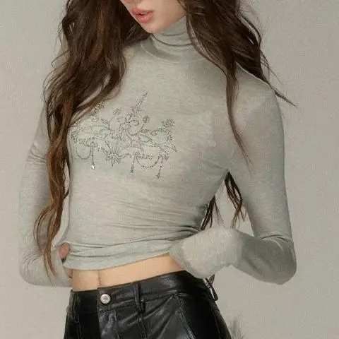 Vintage Candle Flame Fading Small High Neck Hot Diamond Long Sleeved T-shirt Korean 2025 New Slim Fit Slimming Bottom Top Women
