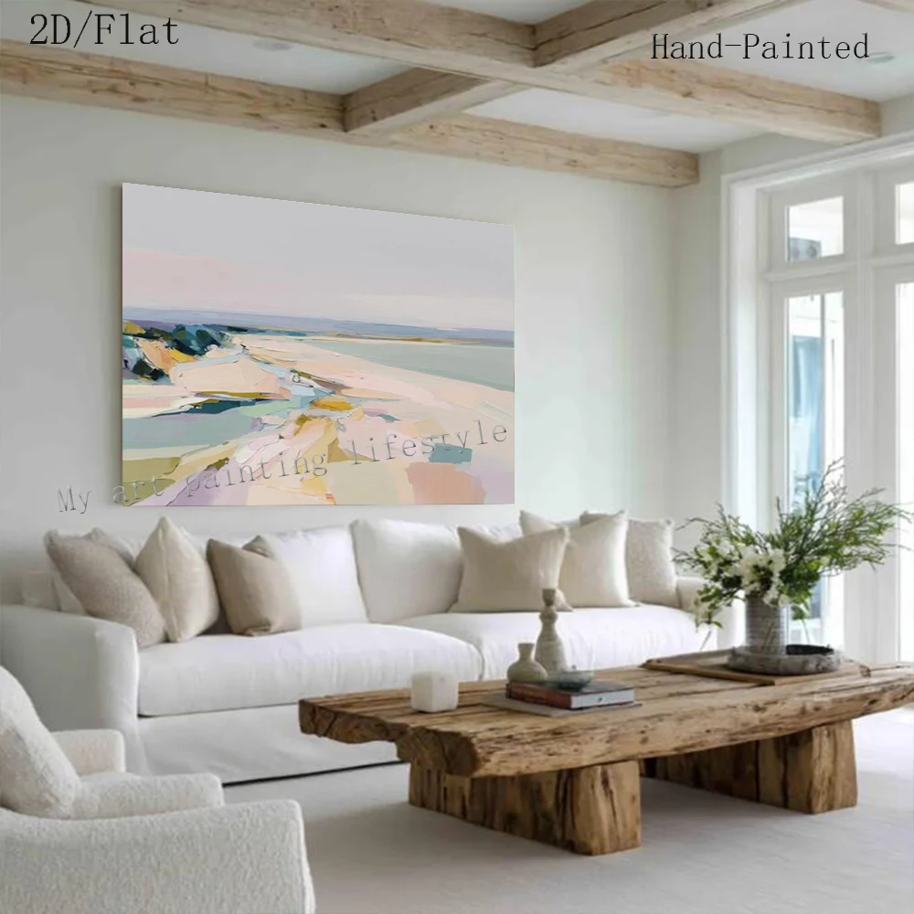 

100% Hand Drawn Abstract Oil Painting Colorful Coastal Landscape Wall Art Picture Ins Original Mural for Home Living Room Decor
