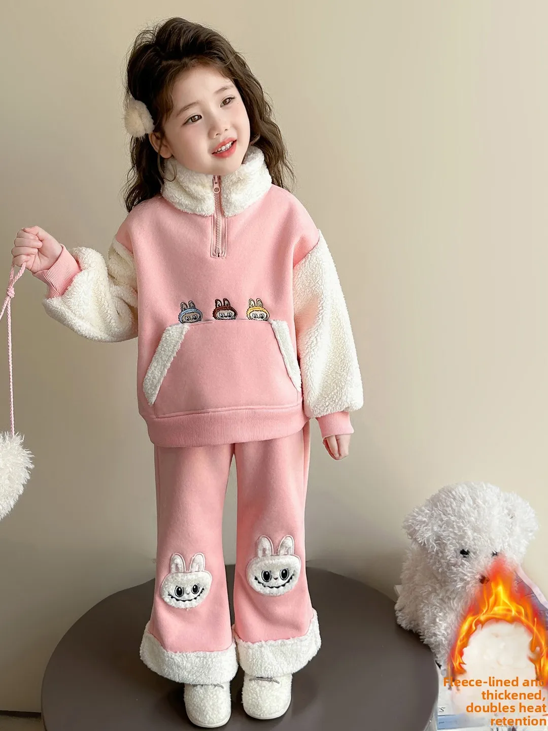 

Girls Casual Thiened Alpaca Wool Sweatirt Set High Waist Long Pants Faionable Warm Two-Piece Suit for Kids Autumn Winter