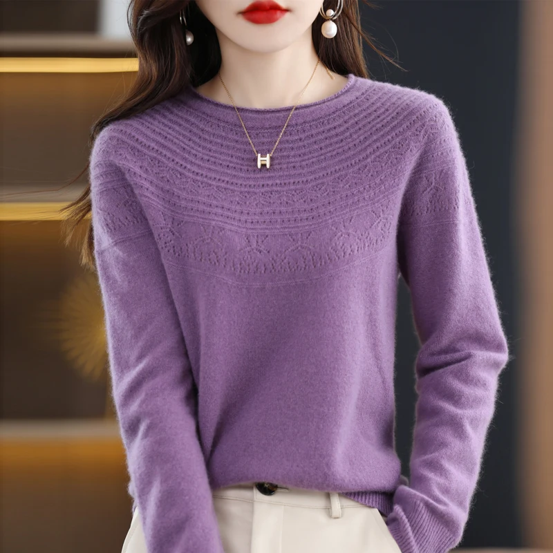 100% Merino Wool Seamless Cashmere Sweater Women\'s O-Neck Hoodie Autumn/Winter New Knitted Sexy Hollow Wool Sweater NJR1107