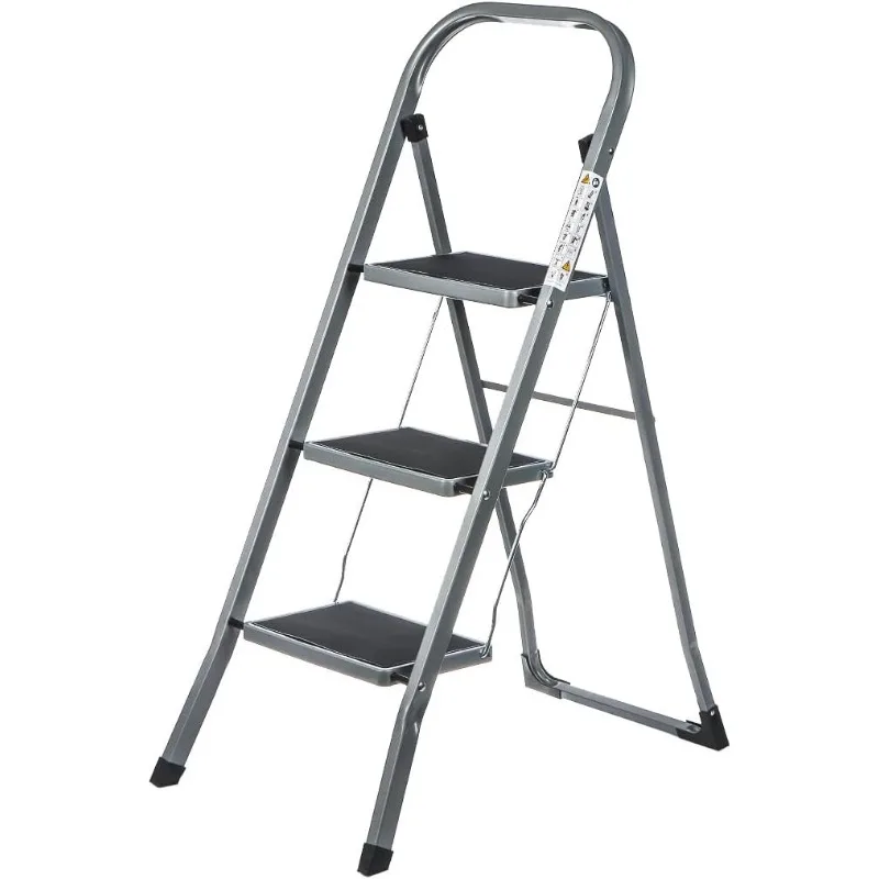 3 Step Ladder with Handrail, Foldable Step Stool, Anti-Slip Pedals, Sturdy Lightweight Steel, 330lb Capacity, Silver