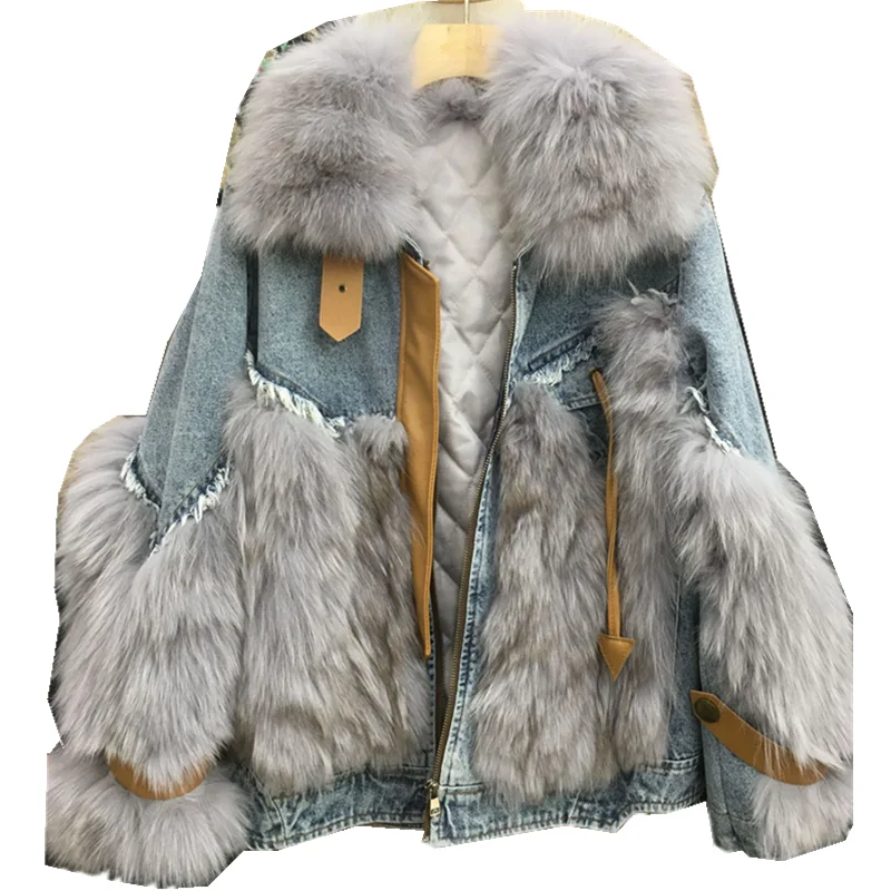 2023 winter new fox fur coat female stitching denim fashion real fur parka hipster zipper padded jacket for women outerwear