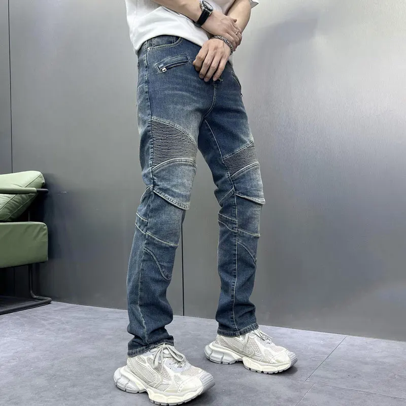 Y2Knew men's work pants with fishing net patches washed, nostalgic stretch, slim fit, retro blue work pants designer pa