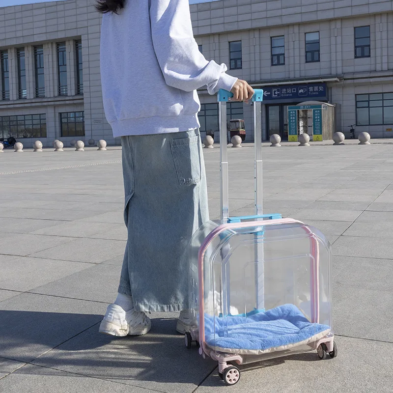 Cat Kennel Trolley Case Portable with Wheel Pet Carrier Fully Transparent Airline Approved Breathe Travel Dog Carrier bag