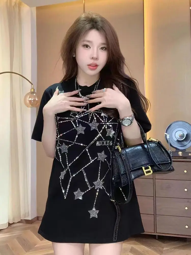 Sparkly Rhinestone Shooting Star Oversized Black T-Shirt Y2K Glitter Constellation Graphic Tee Night Out Party Top Sweet Elegant
