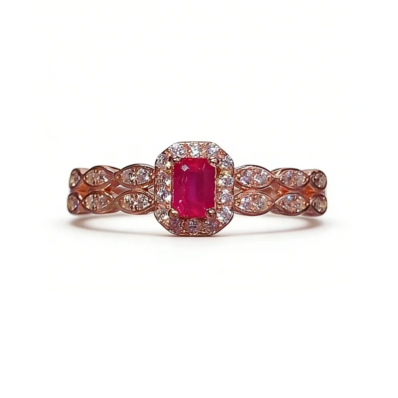 S925 Sterling Silver Natural Ruby Ring 3x4mm Emerald Cut Rose Gold Plated Women's Halo Jewelry