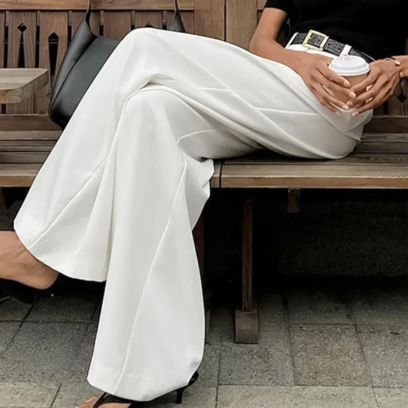 Elegant High Waist Wide Leg Pants For Women's Spring Office Look Solid White Straight Trousers For Daily Work Or Casual Outfits