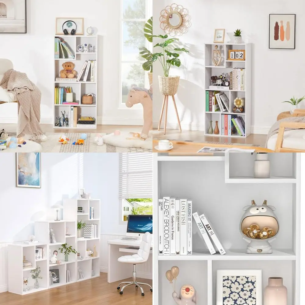 

42 Современная 4-ярусная книжная полка с полками различной высоты для учебников, 7 кубиков, горизонтальный дизайн, простая сборка, жемчужно-белый