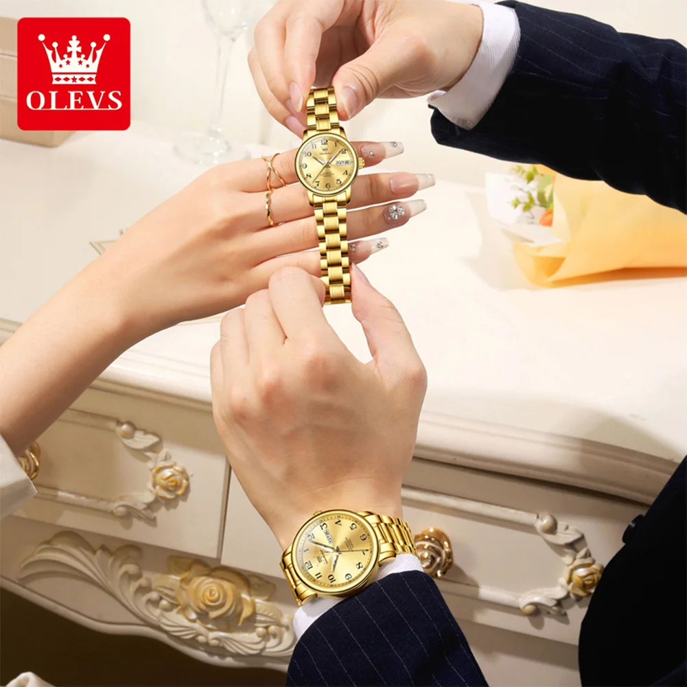 OLEVS 7072 ساعة الزوجين ماركة فاخرة ساعة ميكانيكية أوتوماتيكية بالكامل هدية عيد الحب تاريخ ساعة نسائية رجالي هدية Reloj