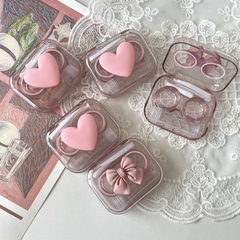 Contact Lens Cases Pink Transparent Love Bow Contact Lens Case Girl Portable Beauty Pupil Box Storage Eye Care Container Box