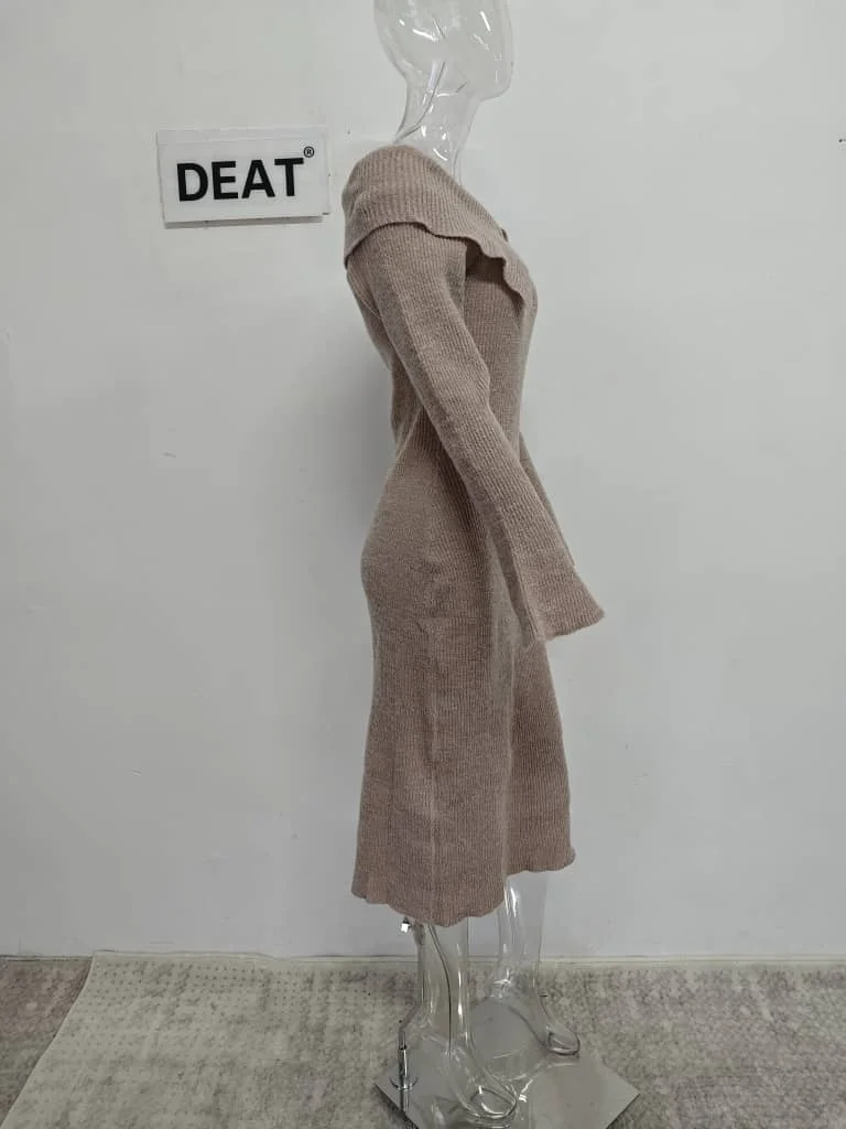 DEAT Abito elegante lavorato a maglia risvolto Slash Neck Manica svasata Elastico Solido Abiti da festa da sera da donna 2024 Autunno Nuova marea