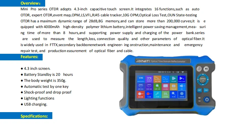 JW3302K 1550nm Wavelength OTDR 16-IN-1 OPM Optical Time Domain Reflectometer Support 1270/1310/1490/1577nm Online Test