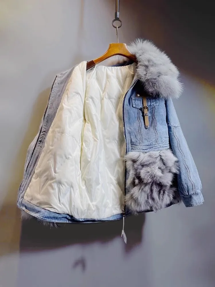 Inverno nuovo addensato parka di pelliccia antivento donne piumino grande collo di pelliccia di volpe cappotto di pelliccia reale giacca di jeans