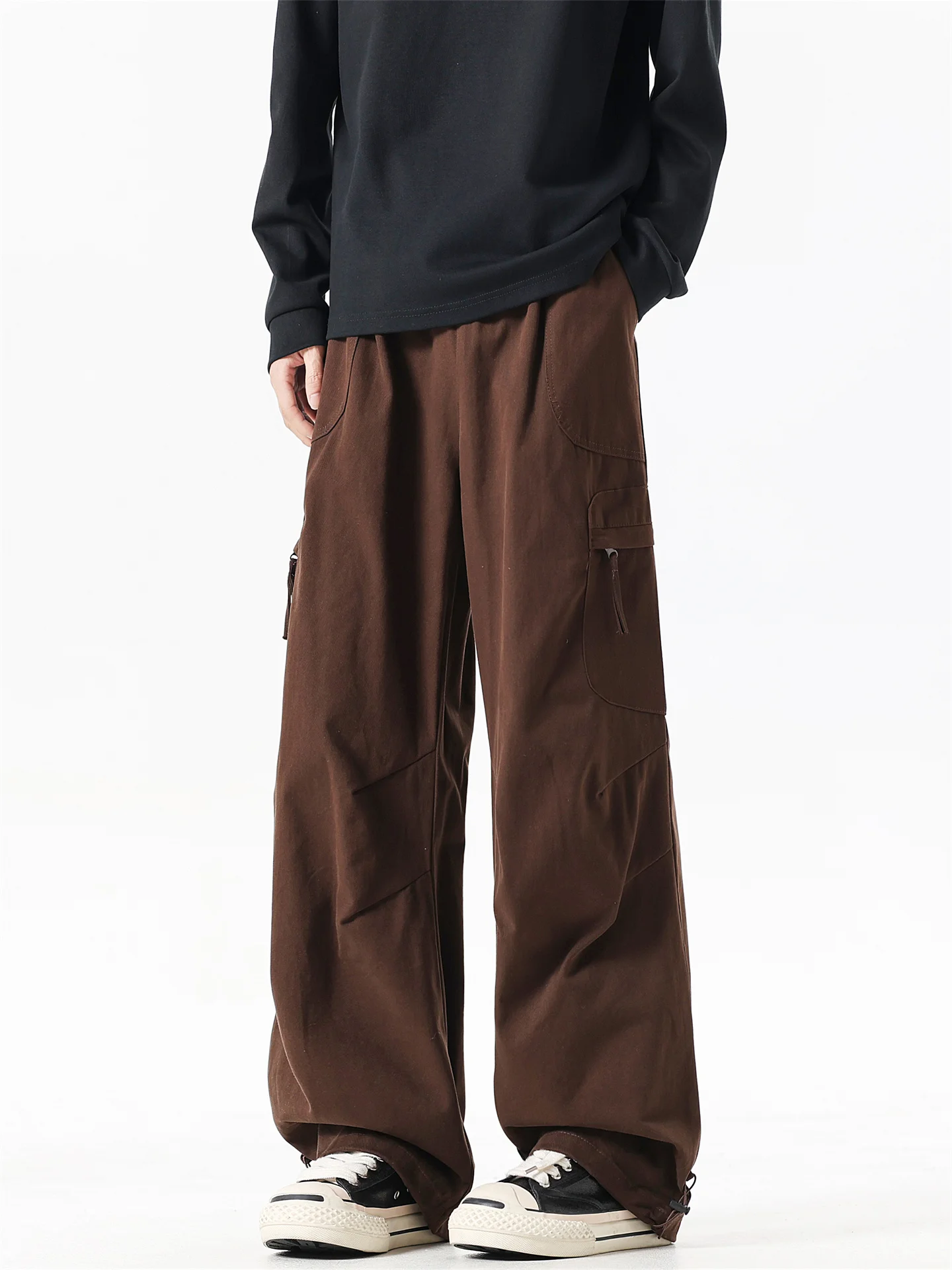 

Brown Work Trousers Men's Retro American Sle Multi-ket Straight Leg Paratrooper Pants Wide Leg Casual Long Trousers