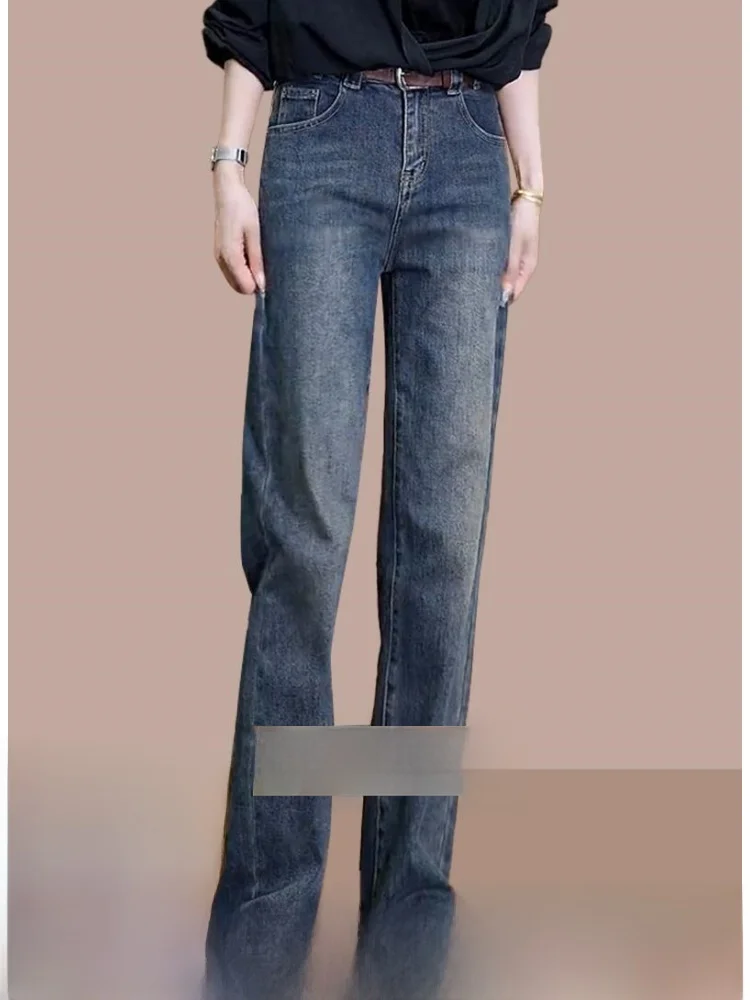 

Тонкие широкие джинсовые джинсы, женские европейские весенне-осенние прямые брюки, длинные брюки с высокой талией, повседневные джинсы на пуговицах