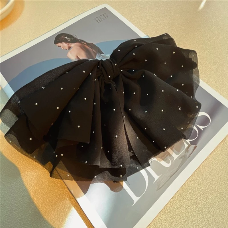 Black Mesh Bowknot Hair Clip French Style Barrette Bowknot With Long Tail Large Hair Bow Hair Accessories For Women Girls