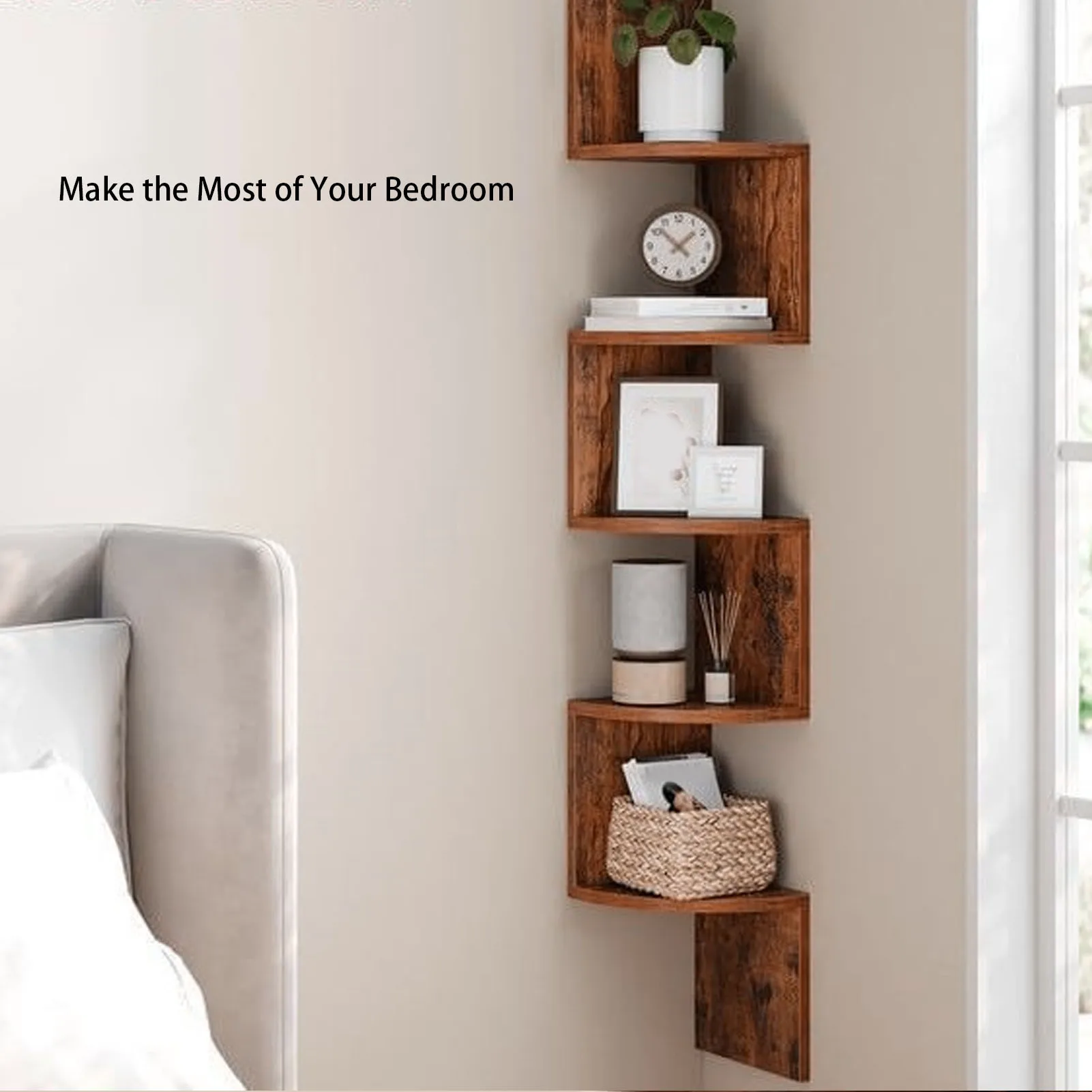5 Tier Corner Shelf Wall Mounted MDF Rustic Floating Corner Bookshelf for Living Room Bedroom Brown Floating Corner Shelf