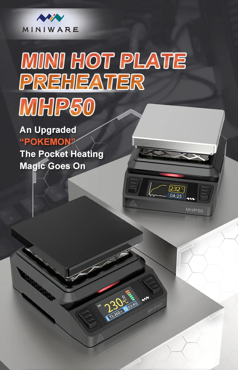 MINIWARE-Mini precalentador de placa caliente MHP50, 50x50mm, área de calentamiento, temperatura constante, mesa de calentamiento, 350 ℃, herramienta de calentamiento inteligente