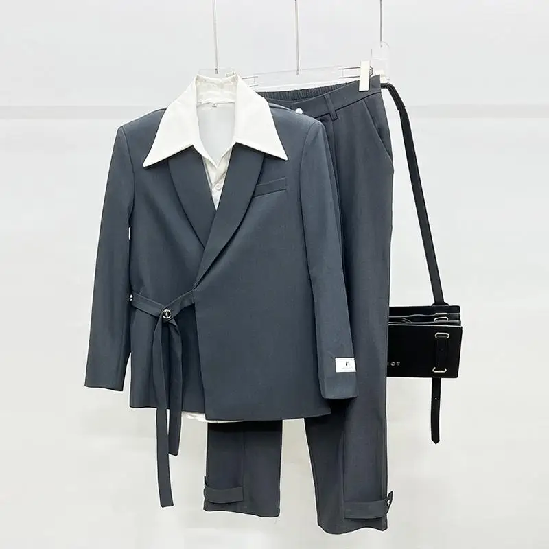 

Autumn Winter Men's Faion Loose Fit Two-Piece Suit Set with Belt Wide Leg Pants High End Sle Youth ular Trend