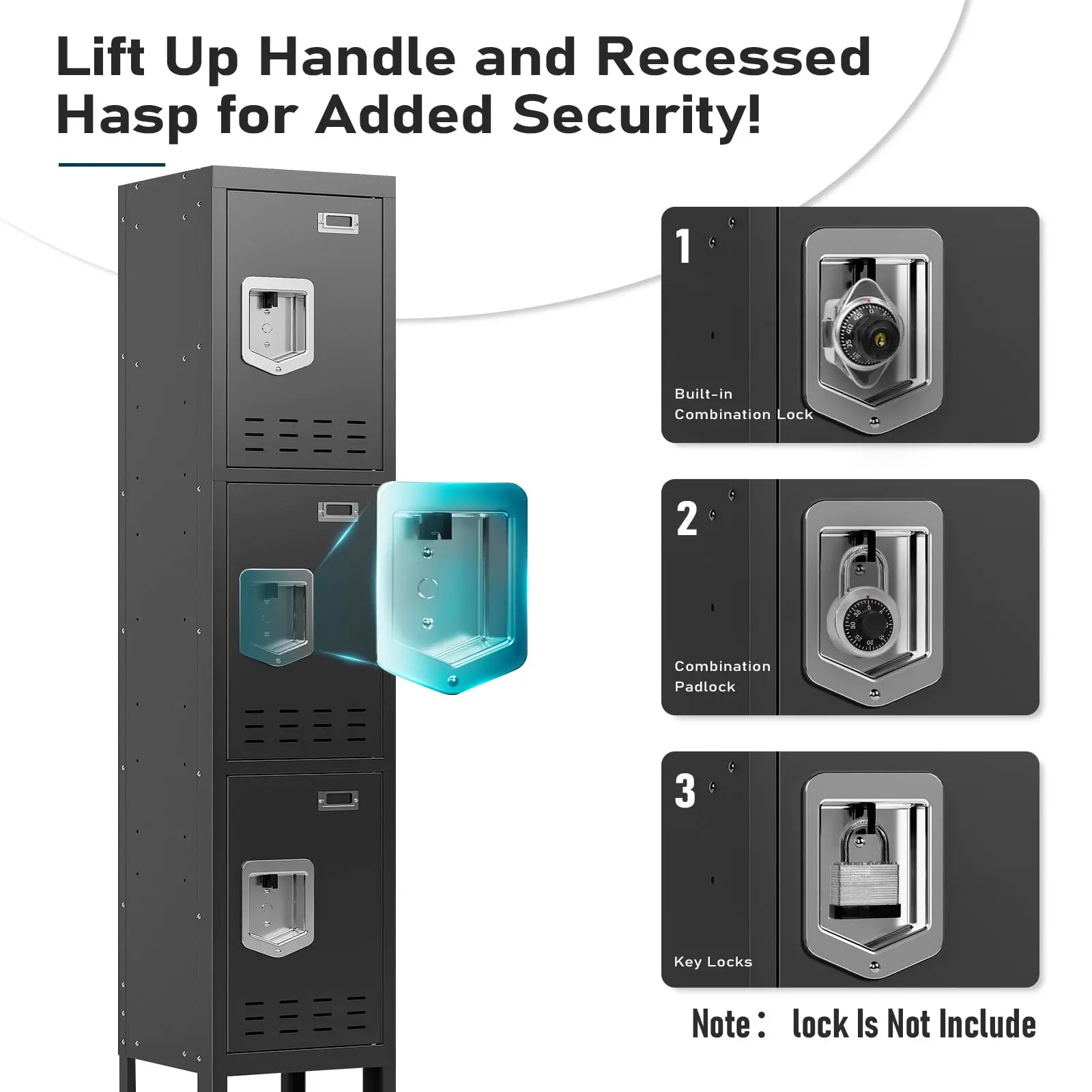 Metal Locker with 3 Doors Employees Locker, Metal Storage Locker with Hooks, 66" Storage Cabinet Lockers for Employees, Home, Of