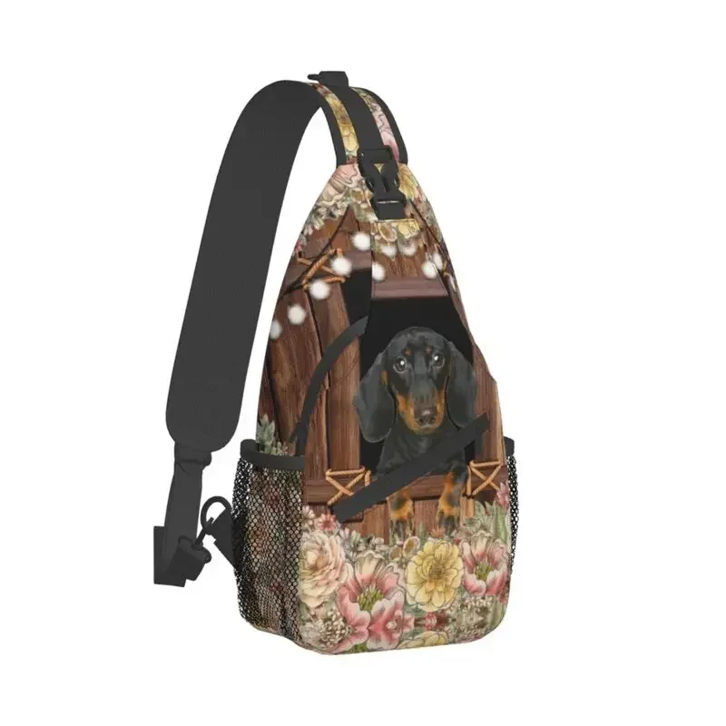 Dachshund Dog And Floral Pattern Sling Bag Men Badger Sausage Wiener Shoulder Crossbody Chest Backpack Cycling Camping Daypack