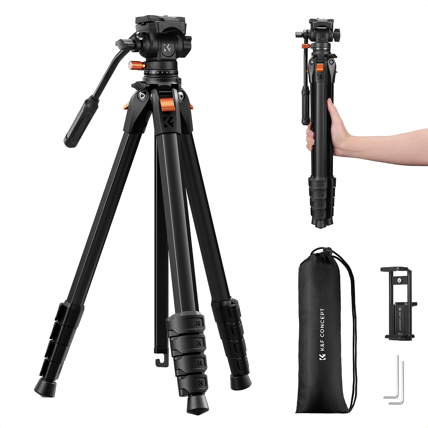 K&F CONCEPT Tripé de Câmera de Alumínio de 73" com Cabeça Fluida, Pan/Tilt Suave para DSLR, Mirrorless e Filmadora, Carga Máx. 3kg para Vlogs de Viagem