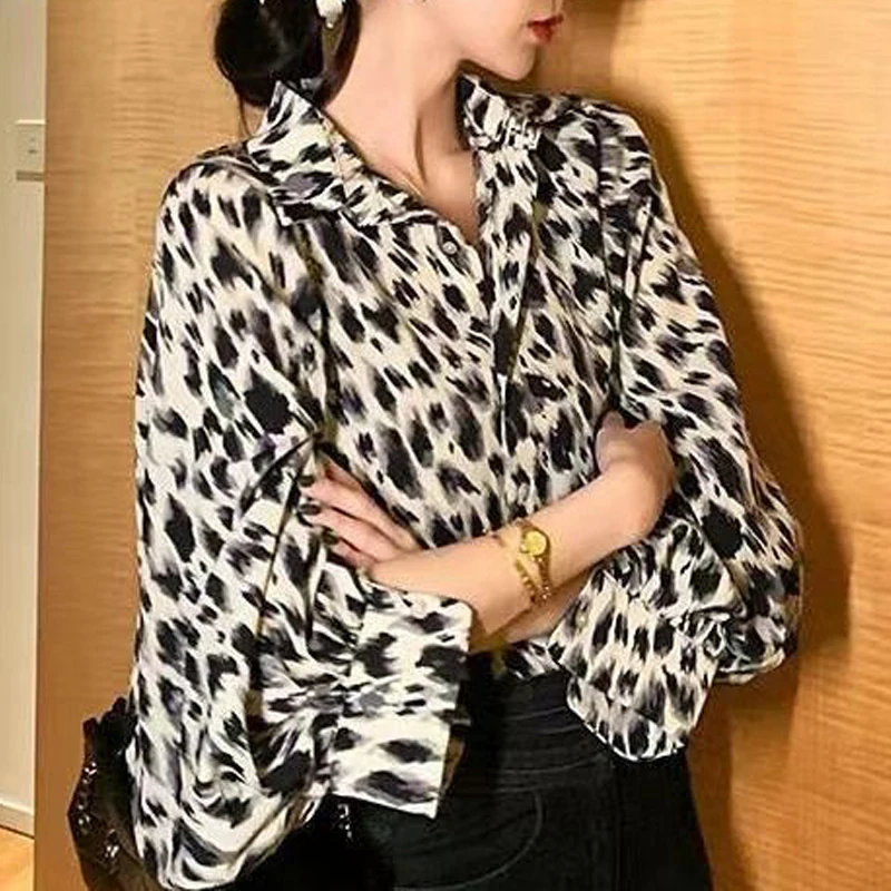 Women Trendy Vintage Leopard Print Streetwear Y2K Button Shirts Casual Chic Design Chiffon Blouses Female Long Sleeve Loose Tops