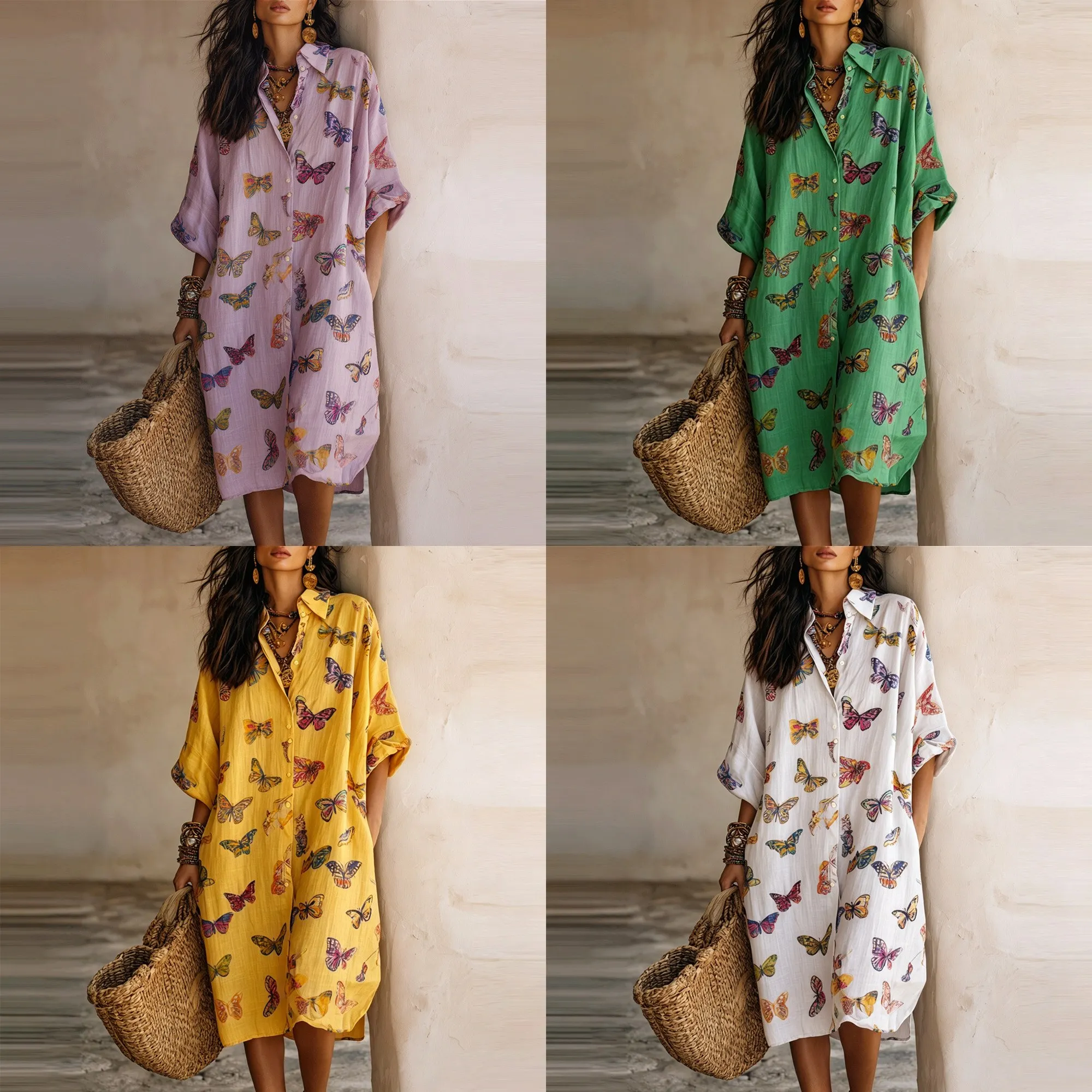 Women Butterfly Print V Neck 3/4 Sleeve Dress Summer Casual Midi Dress Spring Summer Jumpsuit Playsuit Matching Set