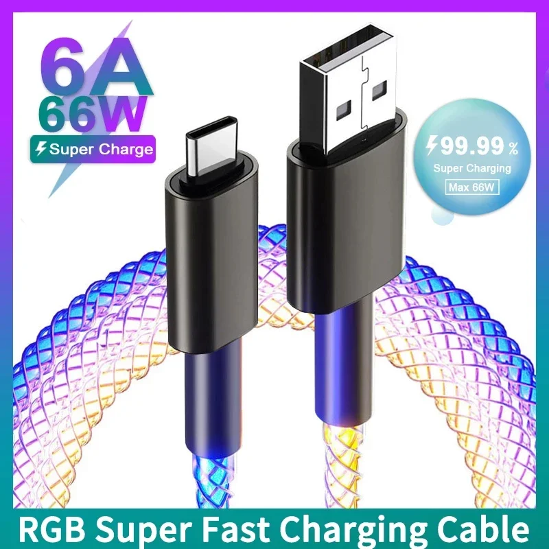 RGB Super 6A Fast Charging Date Cable Flow Cool Colorful Streamer linea incandescente per Huawei Xiaomi Type-C USB C Charger