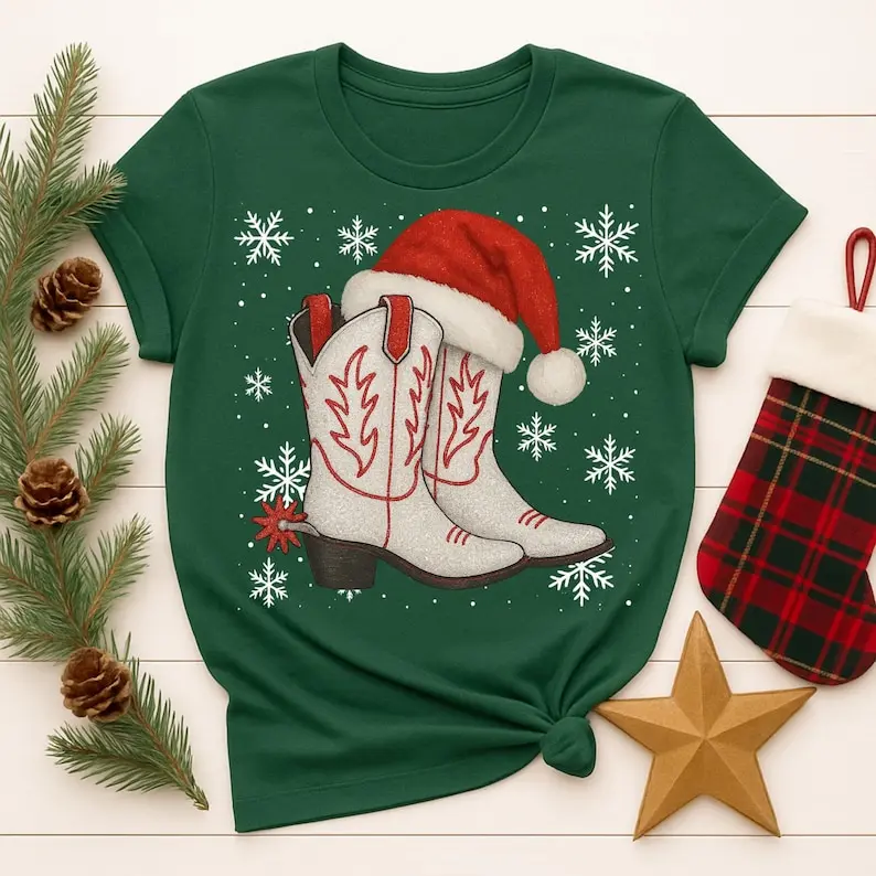 

New Year Xmas Cowboy Boots Christmas Holiday T-Shirts Mugs & Western Decor Printed T-shirt Tops Funny Unisex Cotton Tee & Top