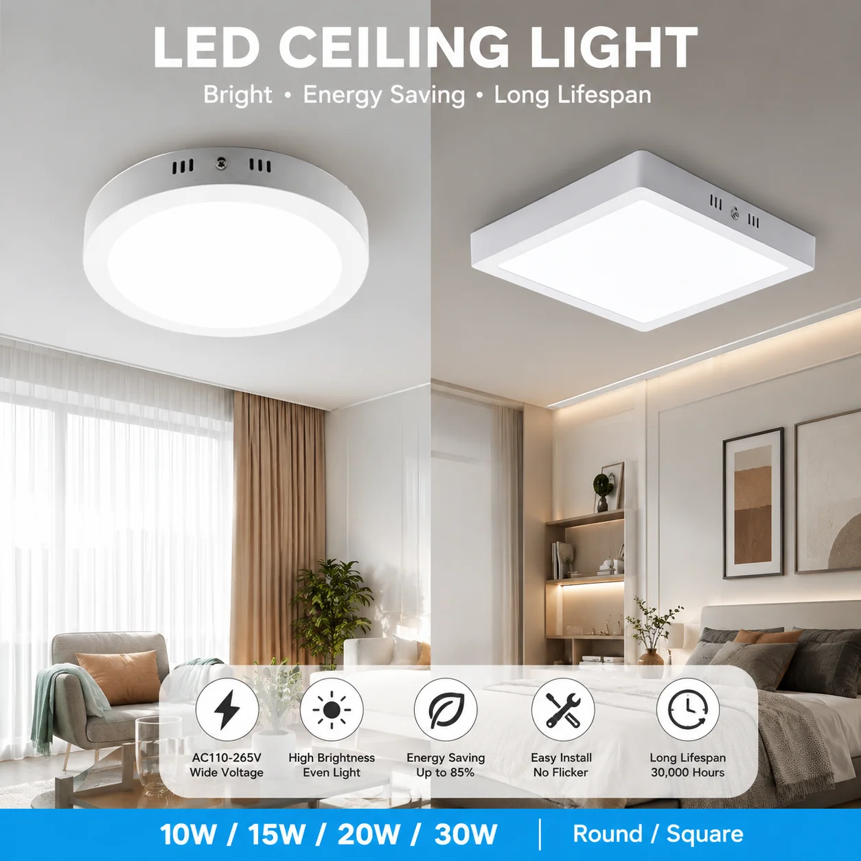 Led Ceiling Lamp 110-265V Ultra Thin Panel Led Light for Living Room Bedroom Indoor Lighting 20W 30W Square Round Ceiling Lights