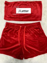 Women 2 Pieces Short Sets Velvet Tracksuit Strapless Top and Drawstring Shorts New in Matching Outfits for Summer