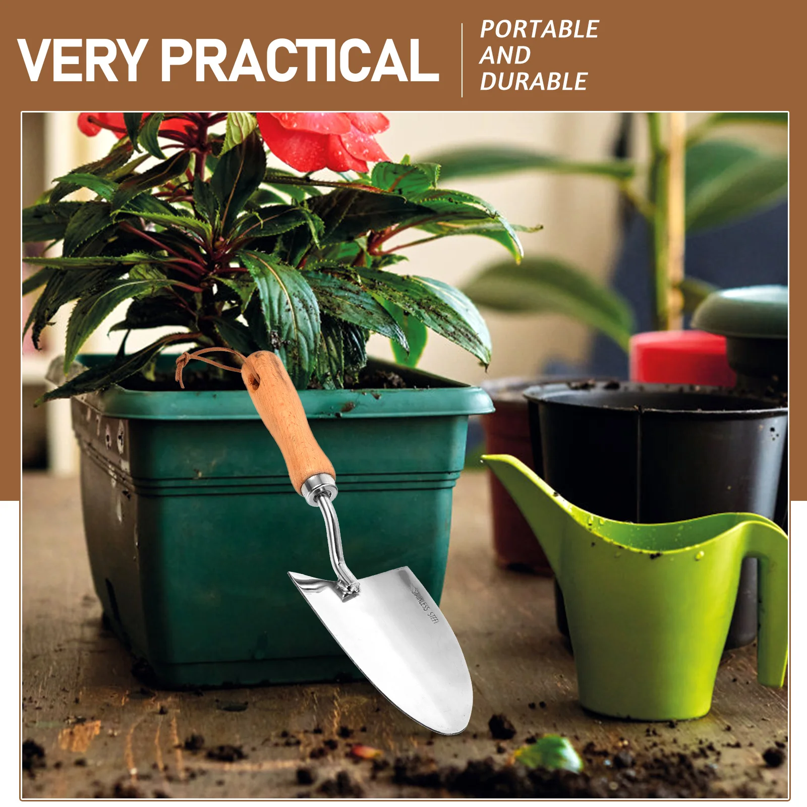 

Garden Spade Stainless Steel Wood Handle Gardening Shovel Planting Tool Multi-Functional Potting Soil Loosening Weeding