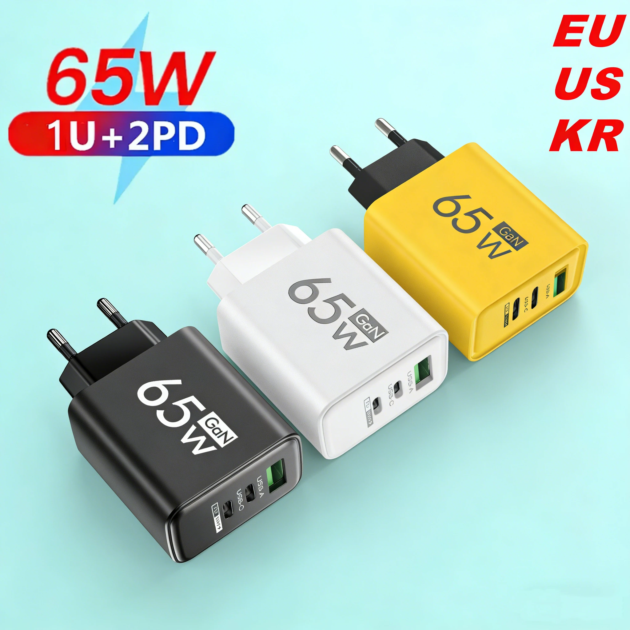 GaN 65W Fast Charging USB Type C Charger EU/US/KR PD 3.0 Quick Charge Wall For Phone Adapter For iPhone 16 Xiaomi Huawei Samsung