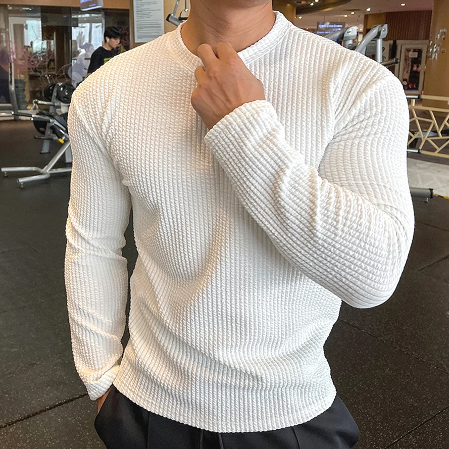 Neue Modische Herren Atmungsaktive Einfarbige Slim-Fit Langarm O-Ausschnitt Casual Gestrickte Unterhemden Männliche Waffel-T-Shirts Oberteile