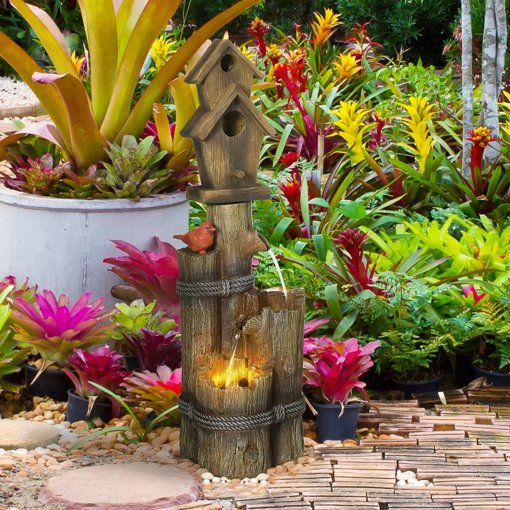 

Tree Trunk Outdoor Fountain with Birdhouse Backyard Water Feature