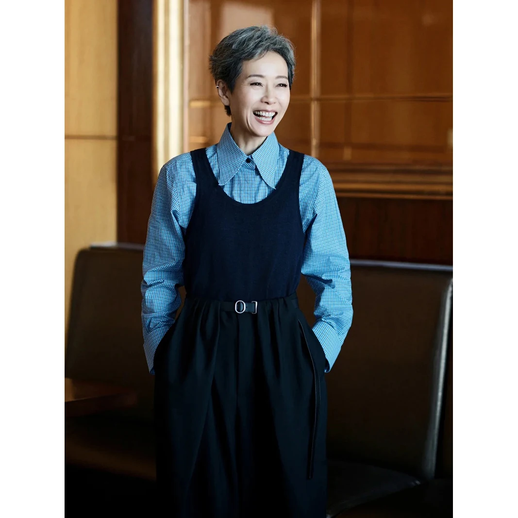 

Женский клетчатый вязаный жилет Selfwill, брюки, комплект из футболки, весна 2021, хлопковый длинный свек, классический воротник, рубашка для поездок на работу