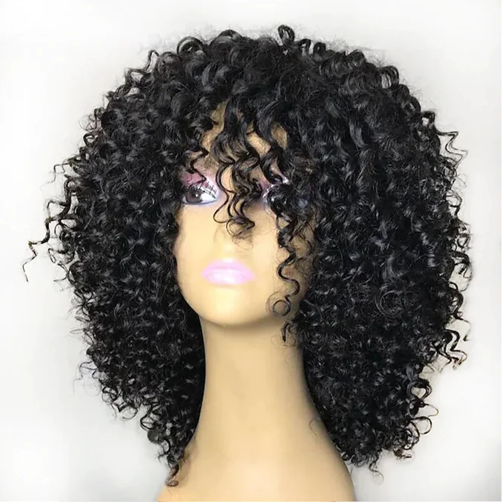 Short Afro Kinky Curly Wigs With Bangs For Women Synthetic Black Hair Glueless Cosplay Wigs High Temperature Fibre