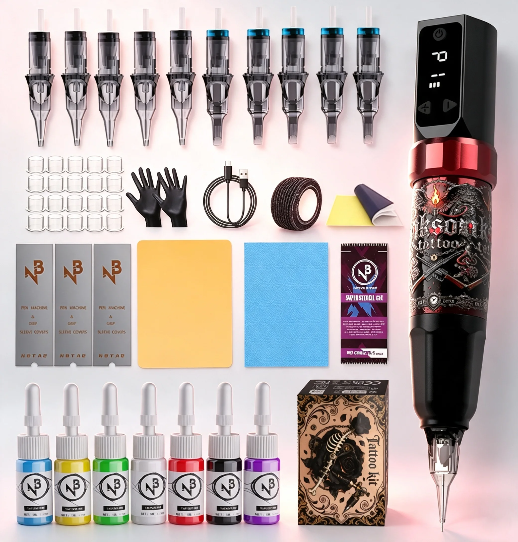 Tattoo Machine Full Kit 1100Mah Built-In Power Supply Matching Tattoo Needles 7 Shades Tattoo Color Ink Complete Tattoo Working Supplies Suitable for Newbies and Senior Tattoo Workers
