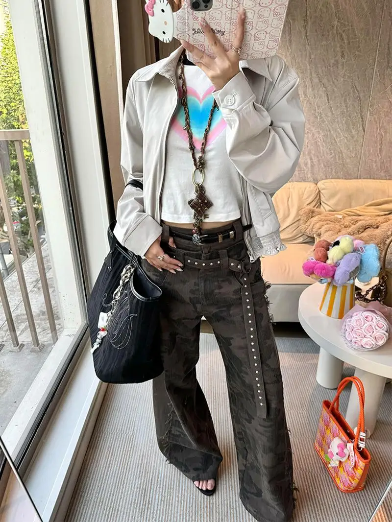 

American High Street Design Double Waist Denim Jeans Women Summer New Spicy Girl Retro Camouflage Floor-Length Pants