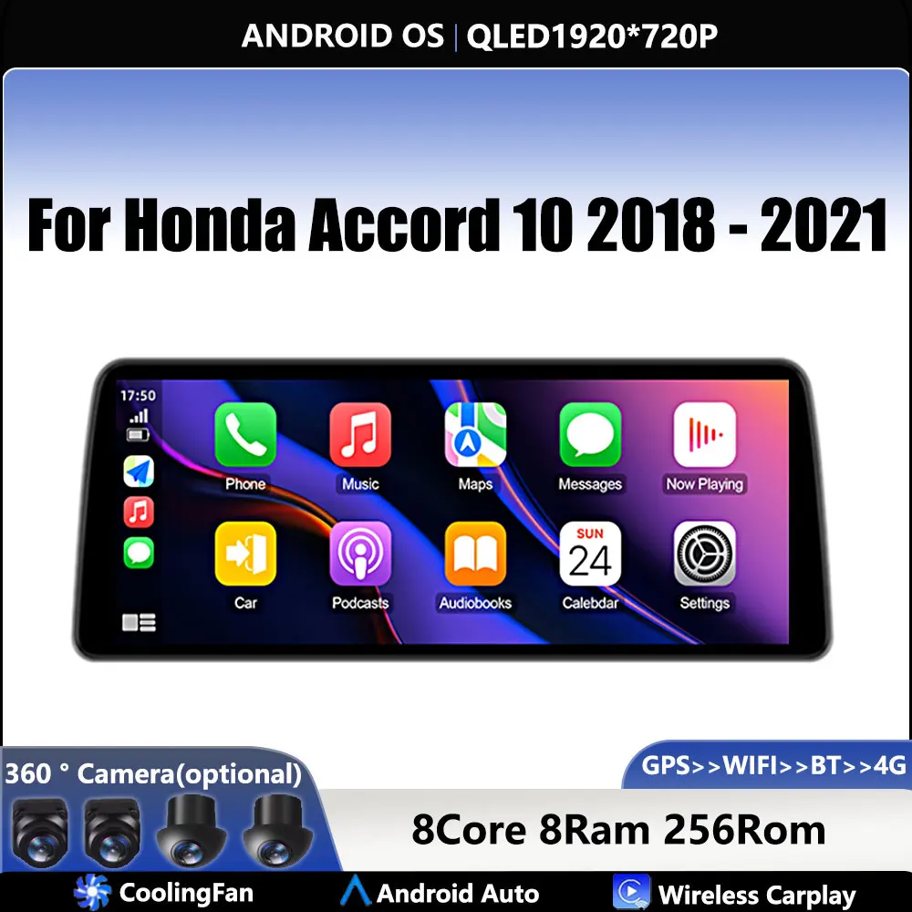 Leitor multimídia estéreo de carro, navegação GPS, sistema operacional Android, 4G, rádio, vídeo, tela QLED, BT 5.0, 12.3 ", Honda Accord 10, 2018-2021