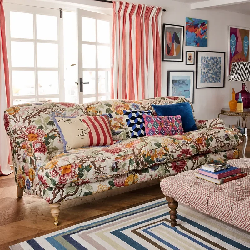 Retro Printed Fabric Sofa Living Room Pastoral Oil Painting Style Three Seater Straight Row Couch for Home Decor