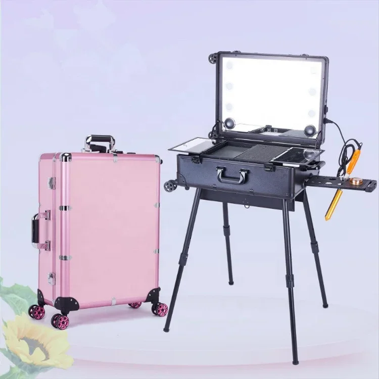 Melason Wholesale LED Lighted Mirror Makeup Artist Trolley Storage Cosmetic Case With Audio Organizer