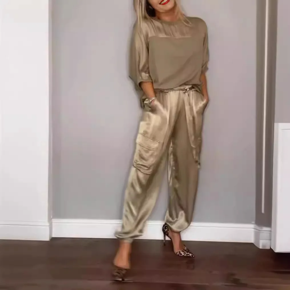 Spring Summer Satin 2 Piece Set Women Casual Solid Color 2 Piece Outfit Half Sleeve Tops Loose Fit Pants Suit Two Piece Sets