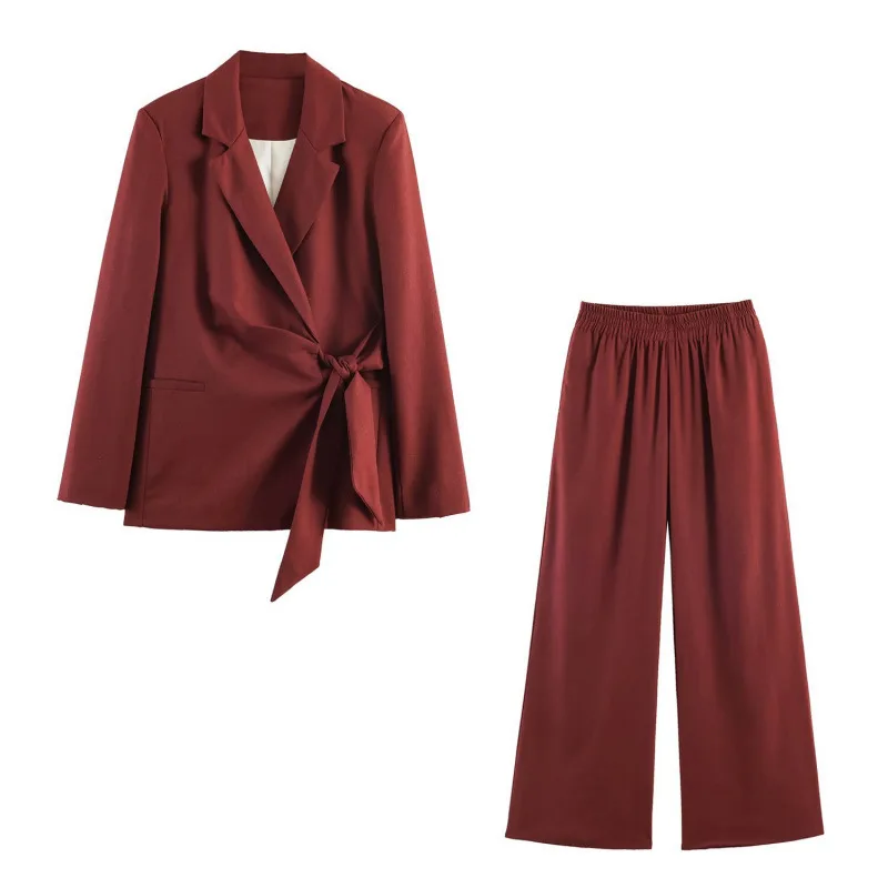 Cross-Border Mixed  Knot Double-Breasted Suit Jacket Wide Leg Pants Set Women's Casual Pure Color European Style